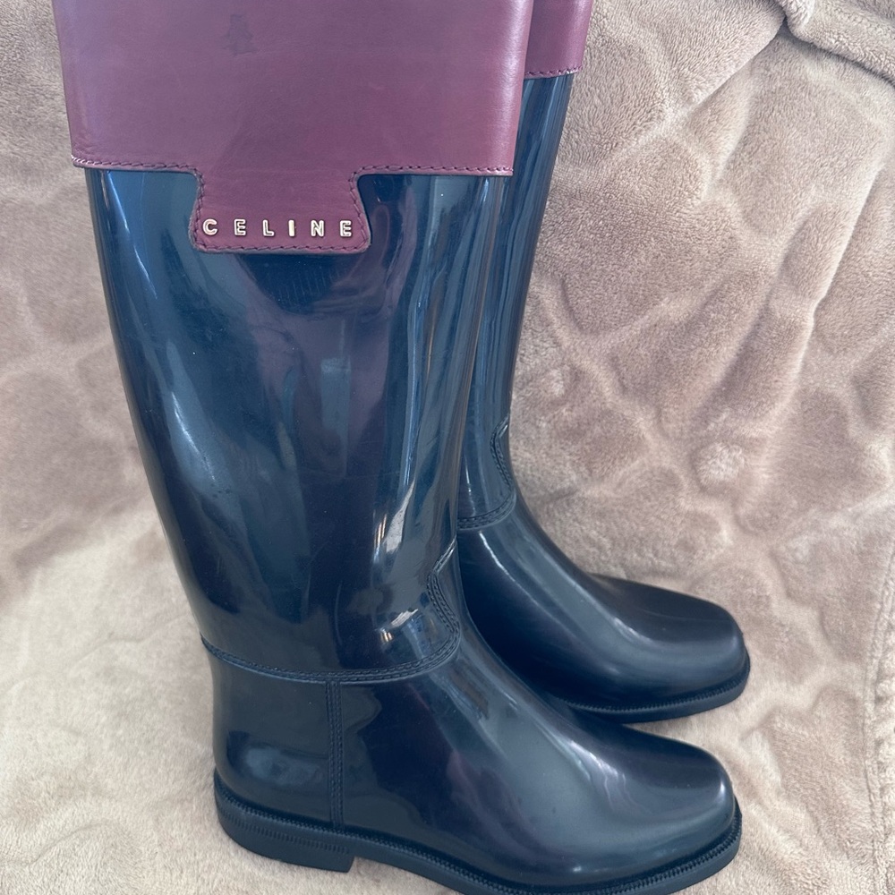 Celine Navy Rubber Rain Boots Burgundy Leather Trim Logo Size 36 Made in Italy - Picture 3 of 8